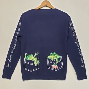 Vintage Cyn Les Shirlee Sweater Womens Size L Blue Retro 1970s Embroidered Frogs